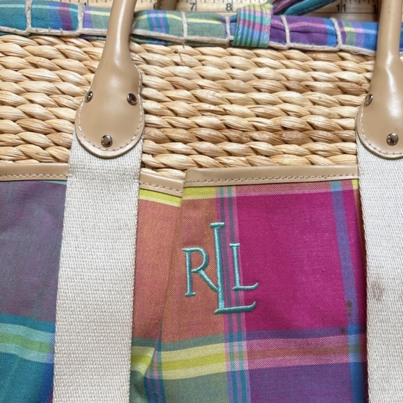 Lauren Ralph Lauren Tote Bag Women Multi Good Plaid Straw Canvas SIZE Medium - Picture 2 of 7